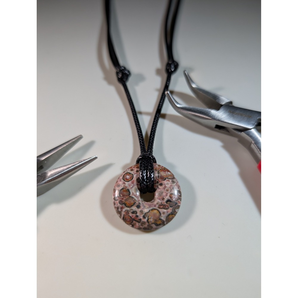Leopard Skin Jasper Donut Pendant Necklace Adjustable Black‎ Cord Boho Earthy
